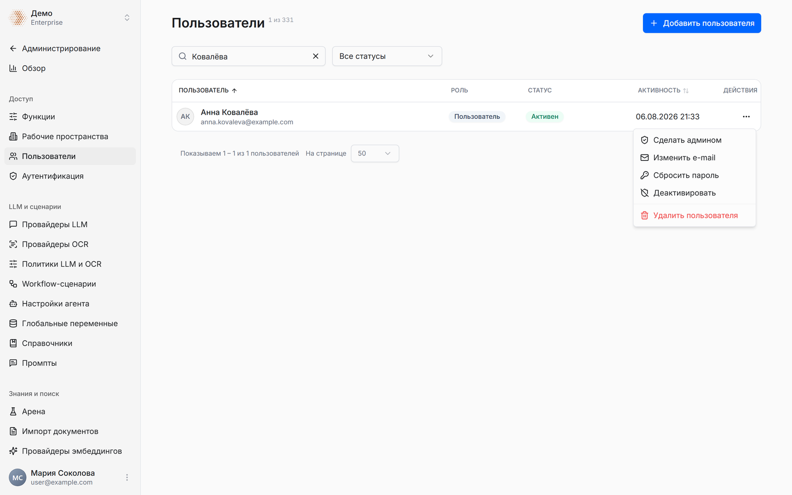 Страница «Пользователи»: таблица учётных записей и раскрытое меню действий с пунктами «Сделать админом», «Изменить e-mail», «Сбросить пароль», «Деактивировать», «Удалить пользователя»