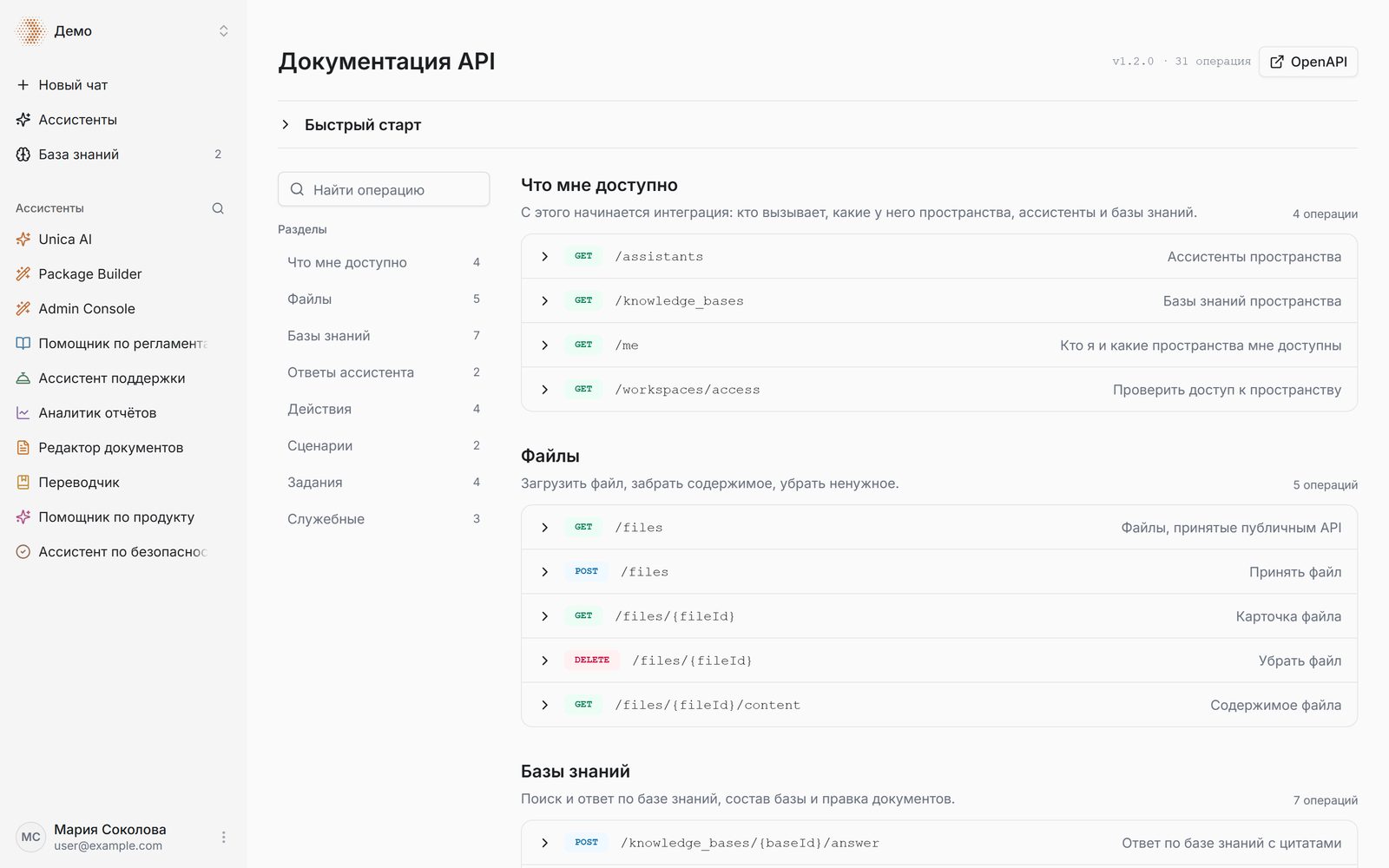 Экран «Документация API»: версия, разделы и карточки операций