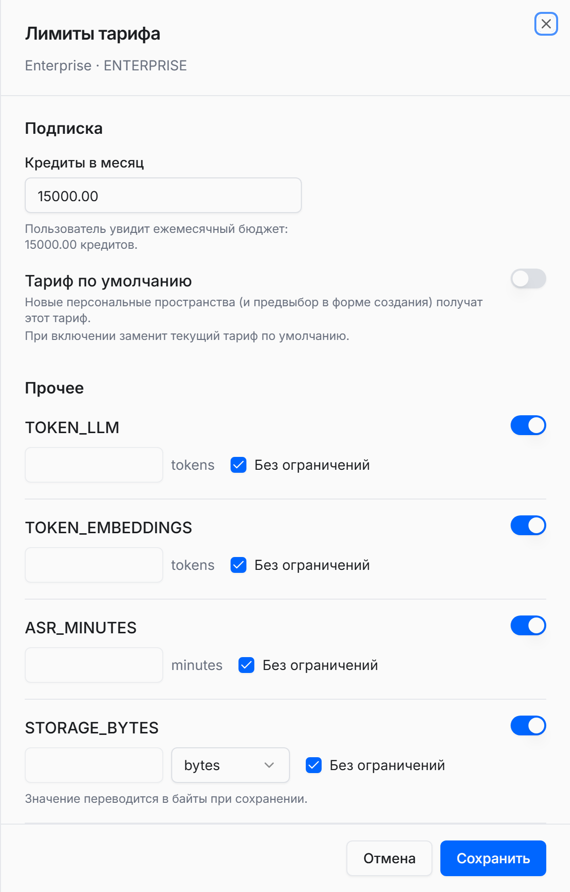 Боковая панель «Лимиты тарифа»: поле «Кредиты в месяц», переключатель «Тариф по умолчанию», группы лимитов с флажком «Без ограничений»